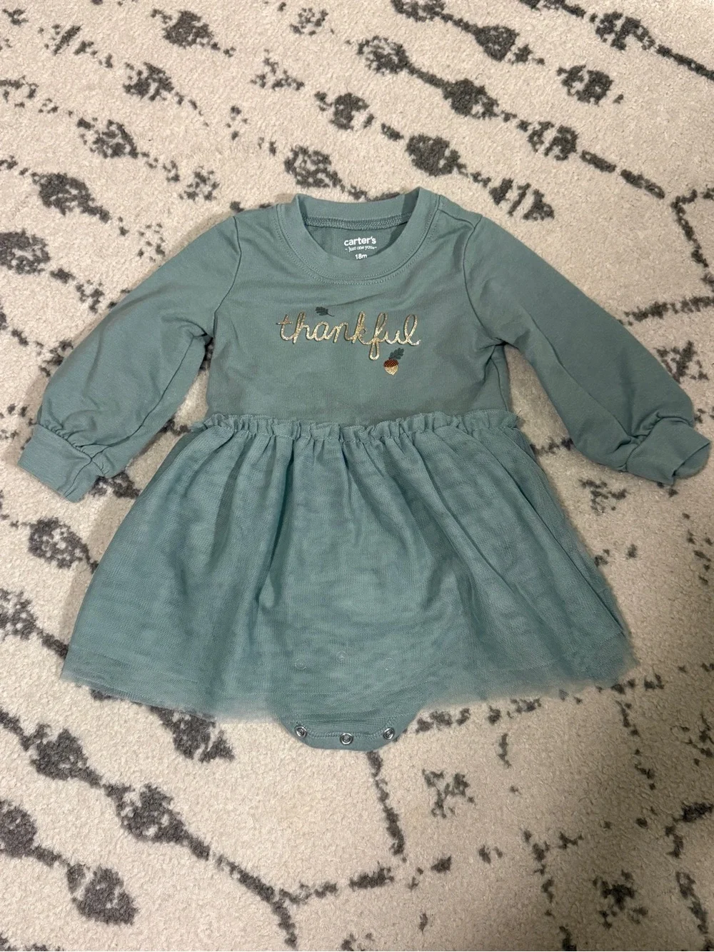 Carter's Sage Green Tulle Dress with gold lettering “Thankful”